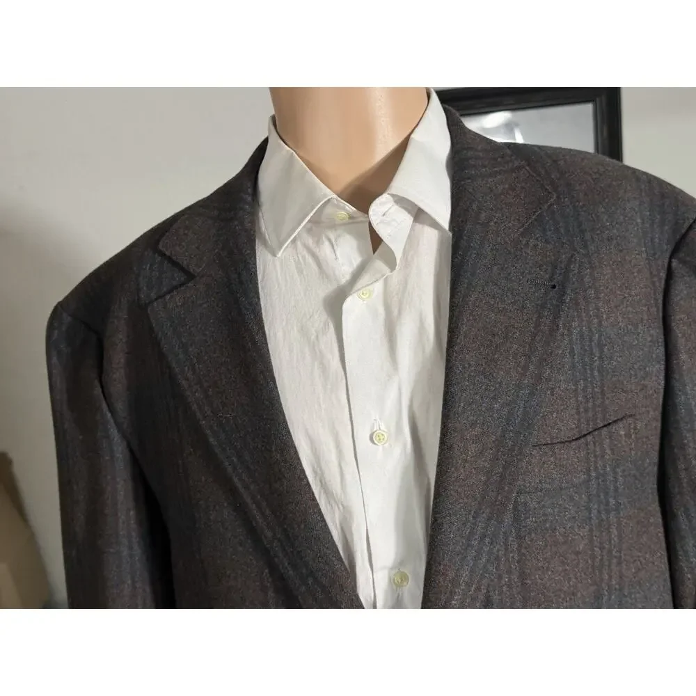 Brunello Cucinelli Burgundy Blue Flannel Plaid Blazer Jacket 54 44R Wool Cashmer